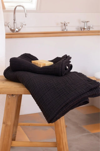 Black muslin face and hand towel, lightweight 4-layer Turkish cotton handwoven by VivaMaison in Denizli