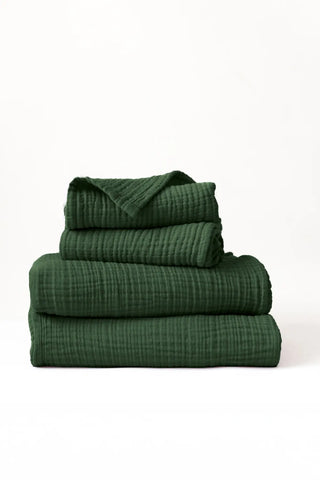 Handwoven 4-layer muslin Turkish towel set in forest green — VivaMaison Denizli, OEKO-TEX certified