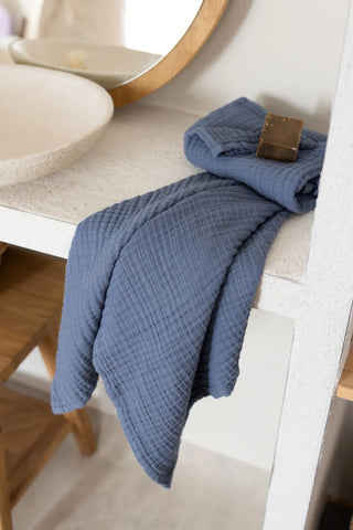Indigo blue muslin face and hand towel, lightweight 4-layer Turkish cotton handwoven in Denizli