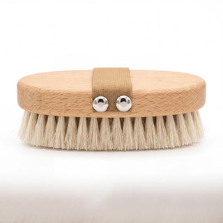 Side profile of the beech wood dry body brush showing the elastic hand strap and 2 cm bristles - VivaMaison