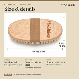 Size and details of the dry body brush: 14 x 6 cm beech wood body, 2 cm natural bristles, strap - VivaMaison