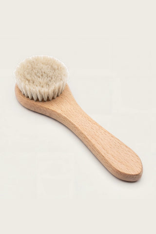 Natural bristle dry face brush with spoon-shaped beech wood handle on white background - VivaMaison