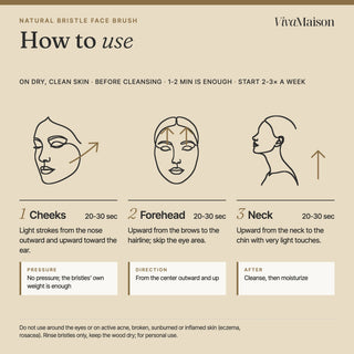 How to use the dry face brush: cheeks, forehead and neck, 20 to 30 seconds each, no pressure - VivaMaison