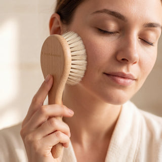 Natural bristle dry face brush used on the cheek with light outward strokes - VivaMaison