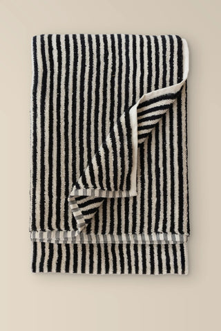 Black striped Turkish cotton bath sheet folded front view with woven stripes - VivaMaison