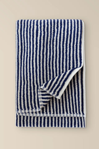 Navy striped Turkish cotton bath sheet folded front view with woven stripes - VivaMaison
