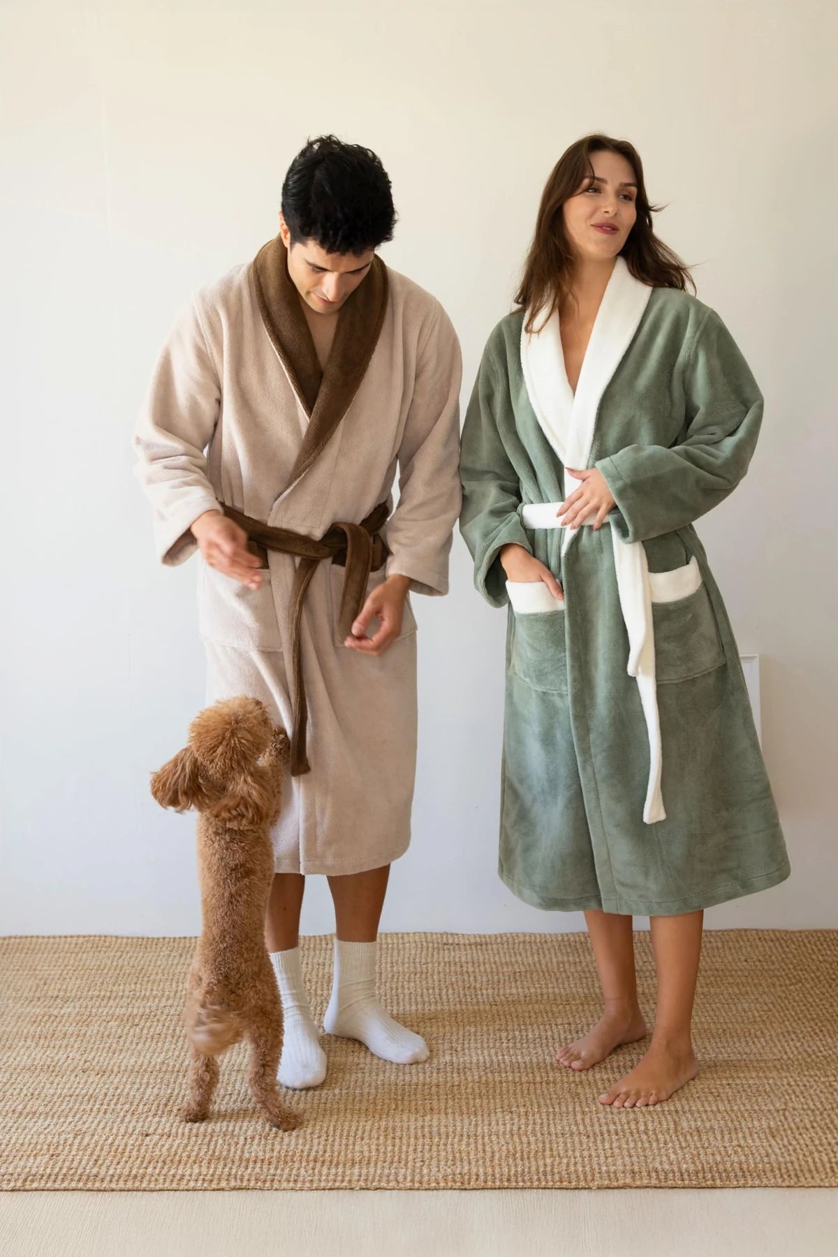 Light Brown terry-lined velvet robe, couple with the sage green robe – VivaMaison