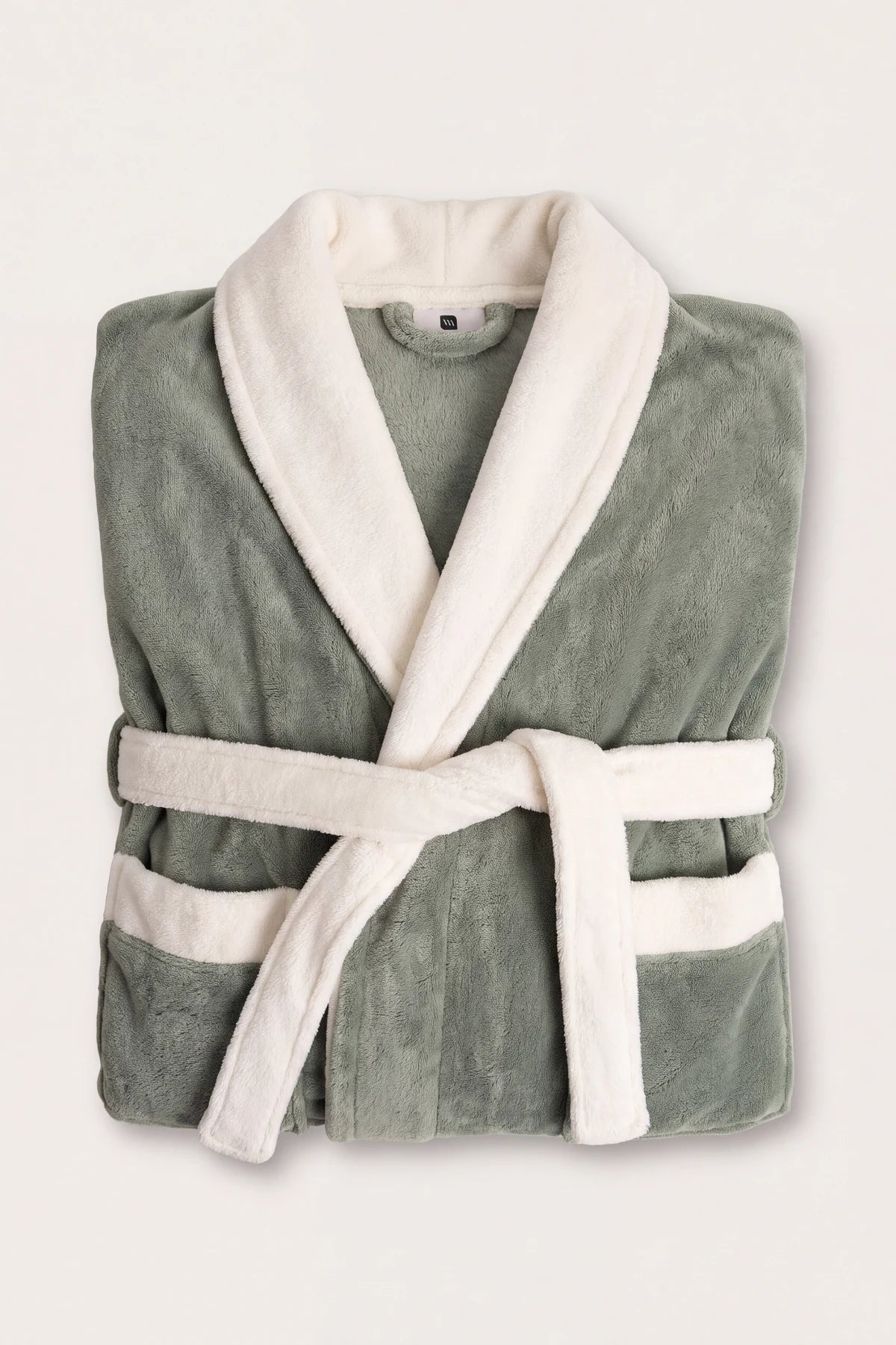Sage Green terry-lined velvet robe, folded front view – VivaMaison