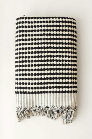 Anthracite White Turkish cotton mosaic towel folded front view with bobble texture and knotted fringe - VivaMaison