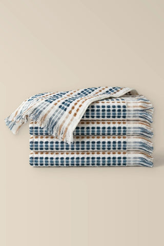 Blue Brown Turkish cotton mosaic towel folded towels stacked - VivaMaison
