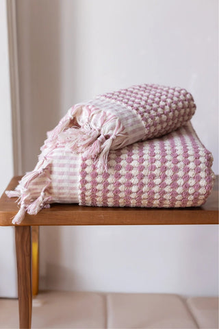 Pink Turkish cotton mosaic towel bath and hand towel stacked - VivaMaison