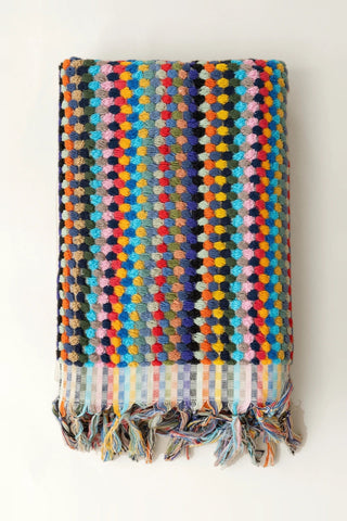 Rainbow Turkish cotton mosaic towel folded front view with raised bobble texture and knotted fringe - VivaMaison