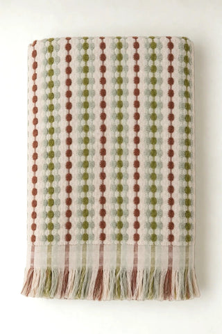 Sage Brown Turkish cotton mosaic towel folded front view with bobble texture and fringe - VivaMaison