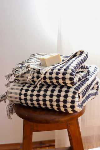 Anthracite White Turkish cotton pom pom towel bath and hand towel stacked - VivaMaison