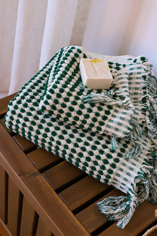 Green White Turkish cotton pom pom towel bath and hand towel stacked - VivaMaison
