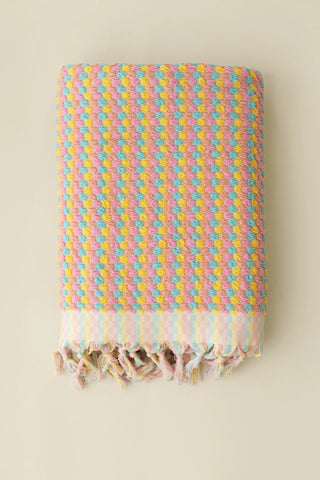 Mint Pink Turkish cotton pom pom towel folded front view with bobble texture and knotted fringe - VivaMaison