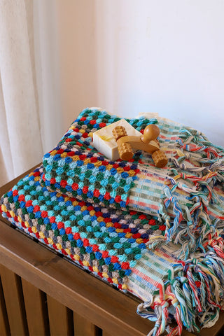 Rainbow Turkish cotton pom pom towel bath and hand towel stacked - VivaMaison