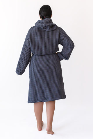 Anthracite waffle cotton bathrobe showing hooded design and honeycomb weave texture