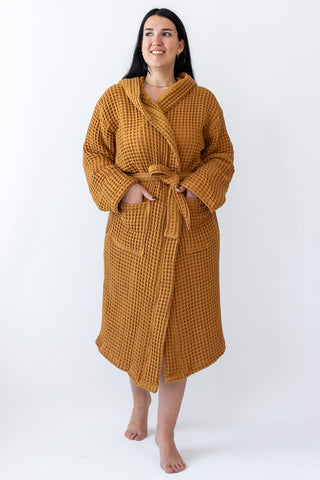 Handwoven Turkish cotton waffle hooded bathrobe in Caramel - Vivamaison Denizli OEKO-TEX certified