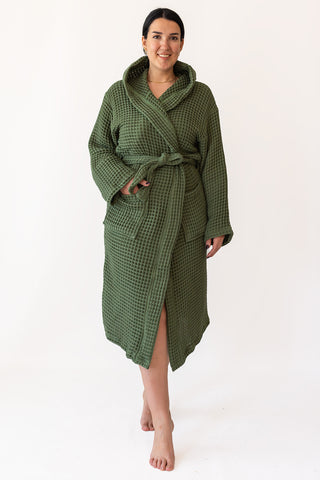 Handwoven Turkish cotton waffle hooded bathrobe in Dark Green - Vivamaison Denizli OEKO-TEX certified