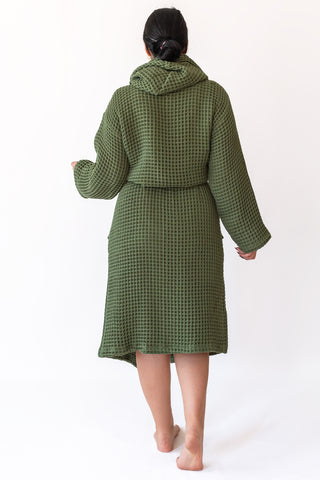 Dark Green waffle cotton bathrobe showing hooded design and honeycomb weave texture