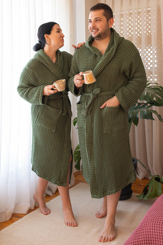 Dark Green hooded waffle bathrobe styled view - handwoven in Denizli