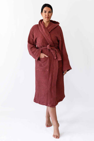 Handwoven Turkish cotton waffle hooded bathrobe in Dark Red - Vivamaison Denizli OEKO-TEX certified