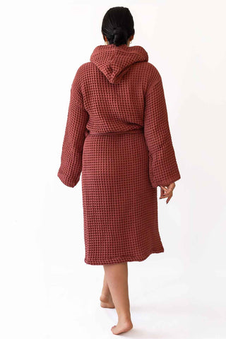 Dark Red waffle cotton bathrobe showing hooded design and honeycomb weave texture