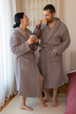 Handwoven Turkish cotton waffle hooded bathrobe in Natural - Vivamaison Denizli OEKO-TEX certified