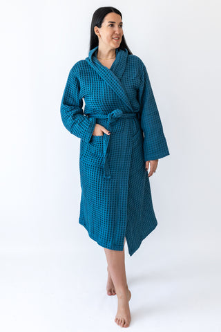 Handwoven Turkish cotton waffle hooded bathrobe in Indigo Blue - Vivamaison Denizli OEKO-TEX certified