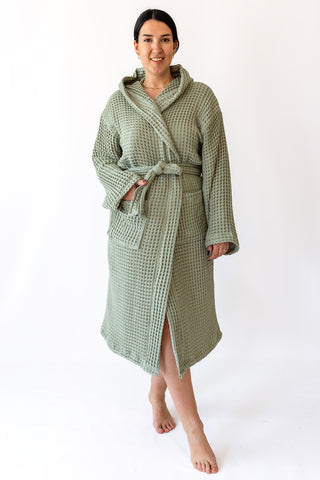 Handwoven Turkish cotton waffle hooded bathrobe in Sage Green - Vivamaison Denizli OEKO-TEX certified