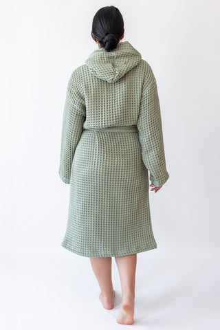 Sage Green waffle cotton bathrobe showing hooded design and honeycomb weave texture