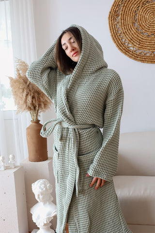 Sage Green hooded waffle bathrobe styled view - handwoven in Denizli