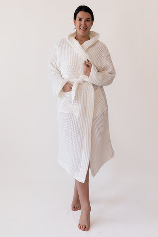 Handwoven Turkish cotton waffle hooded bathrobe in Natural - Vivamaison Denizli OEKO-TEX certified