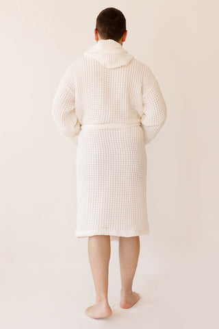 Natural waffle cotton bathrobe showing hooded design and honeycomb weave texture