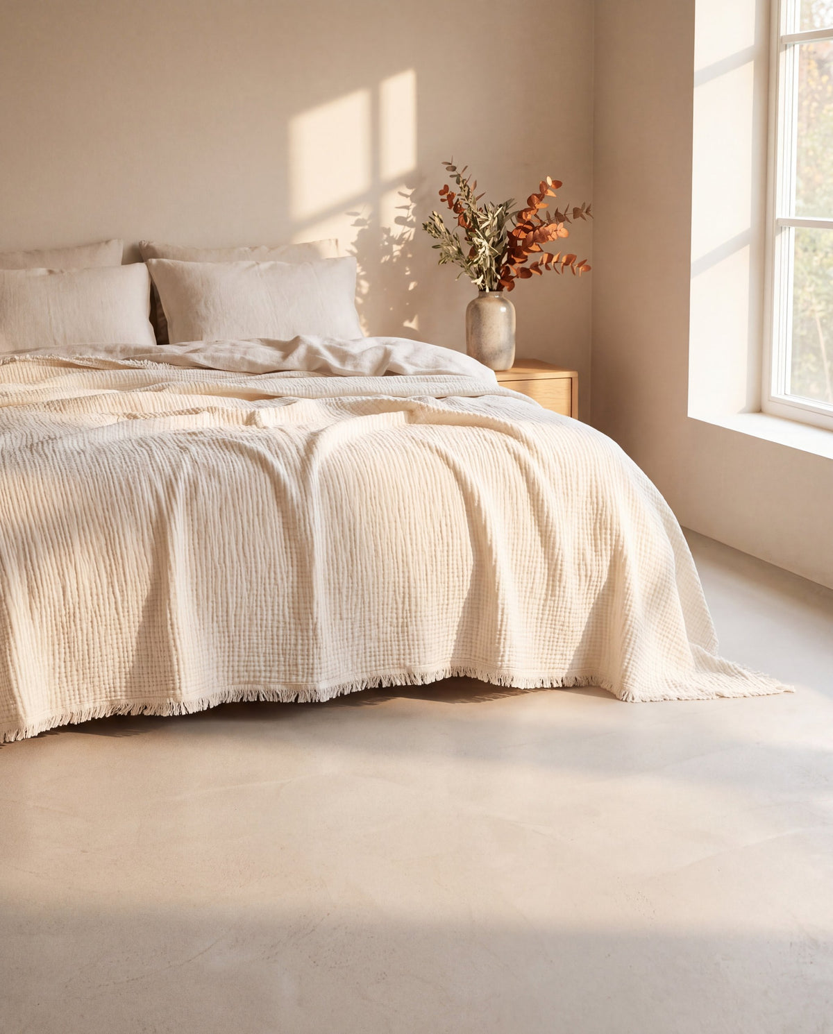 Muslin bedspread in soft morning light