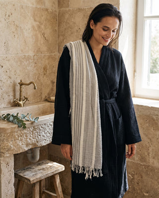 Robe & Peshtemal Set: a muslin robe with a striped peshtemal