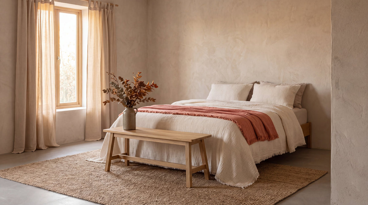 Layered textiles in an autumn bedroom