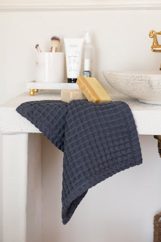 Anthracite waffle towel set showing coordinated face hand bath towels by Vivamaison