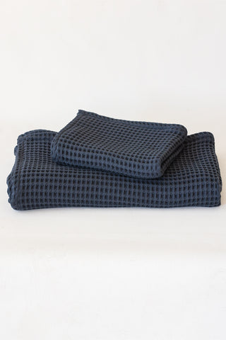 Anthracite waffle towel set styled bathroom view - spa-quality Aegean cotton