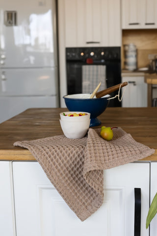 Brown waffle towel set showing coordinated face hand bath towels by Vivamaison