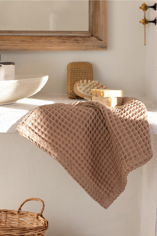 Detail of Brown waffle weave Turkish cotton towel - handwoven Denizli craft