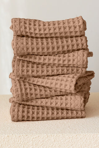 Brown waffle towel set showing coordinated face hand bath towels by Vivamaison