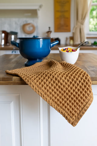 Caramel waffle towel set showing coordinated face hand bath towels by Vivamaison