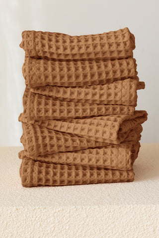 Handwoven Turkish cotton waffle weave towel set in Caramel - Vivamaison Denizli OEKO-TEX certified