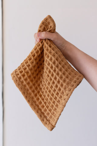 Caramel waffle towel set showing coordinated face hand bath towels by Vivamaison