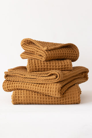 Handwoven Turkish cotton waffle weave towel set in Caramel - Vivamaison Denizli OEKO-TEX certified