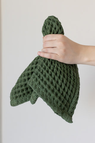 Green waffle towel set styled bathroom view - spa-quality Aegean cotton