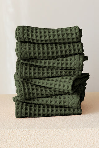 Green waffle towel set showing coordinated face hand bath towels by Vivamaison