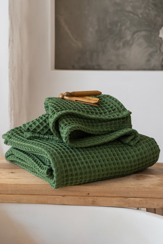 Handwoven Turkish cotton waffle weave towel set in Green - Vivamaison Denizli OEKO-TEX certified